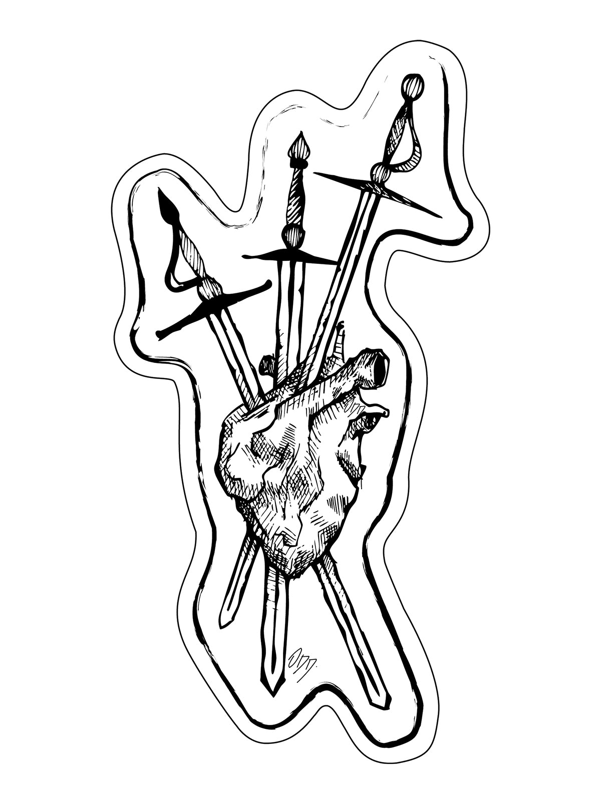 3 of Swords B/W Sticker